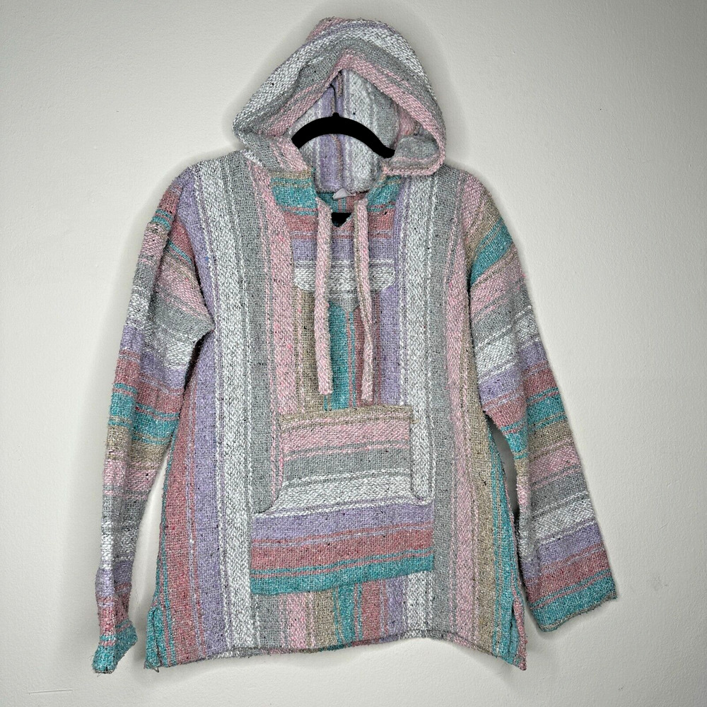 San Jose Pink Aqua Stripe Pullover Long Sleeve Blanket Front Pocket Hoodie L - Picture 10 of 10